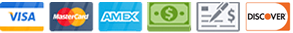 We accept Visa, Mastercard, AMEX, cash, check and Discover